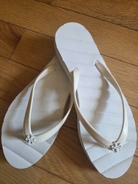 Tory Burch Kira Cream and White Logo Thong Sandals